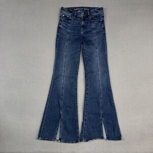 American Eagle Jeans Womens 4 Blue Festival Flare Stretch Distressed Denim